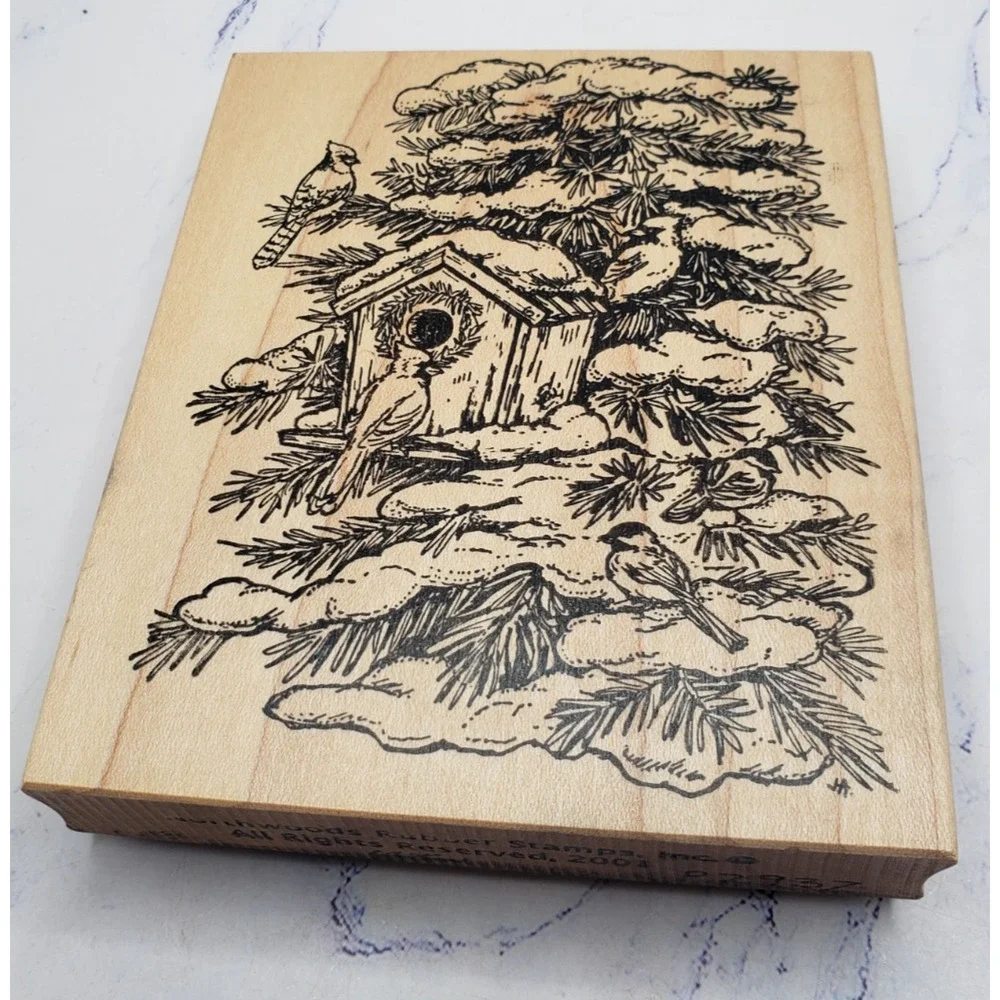 Northwoods Rubber Stamp Snow Birds Perched in Pine Tree Mounted Rubber Stamp